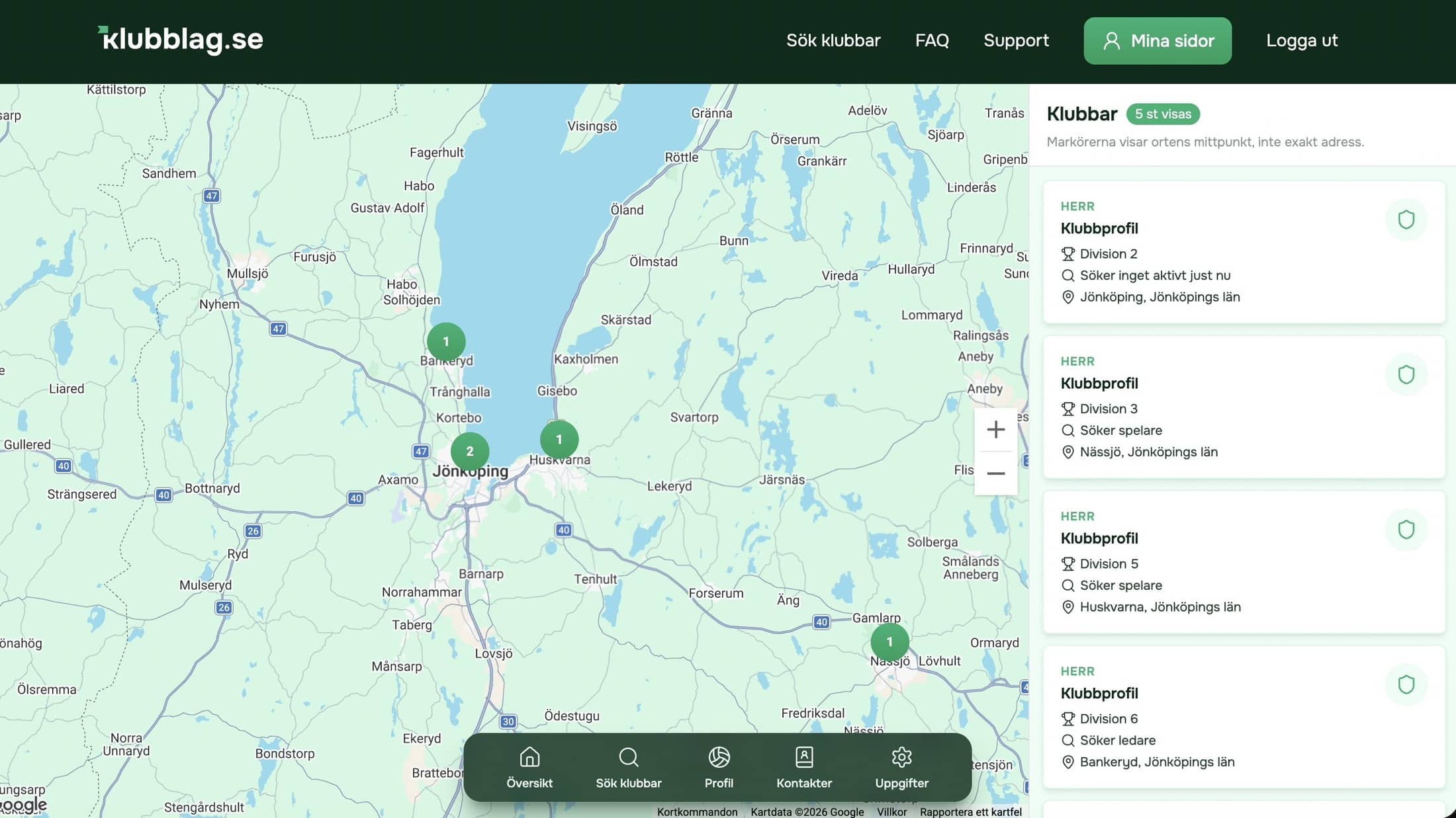 Sökvy på klubblag.se där spelare/ledare filtrerar klubbar på en karta.