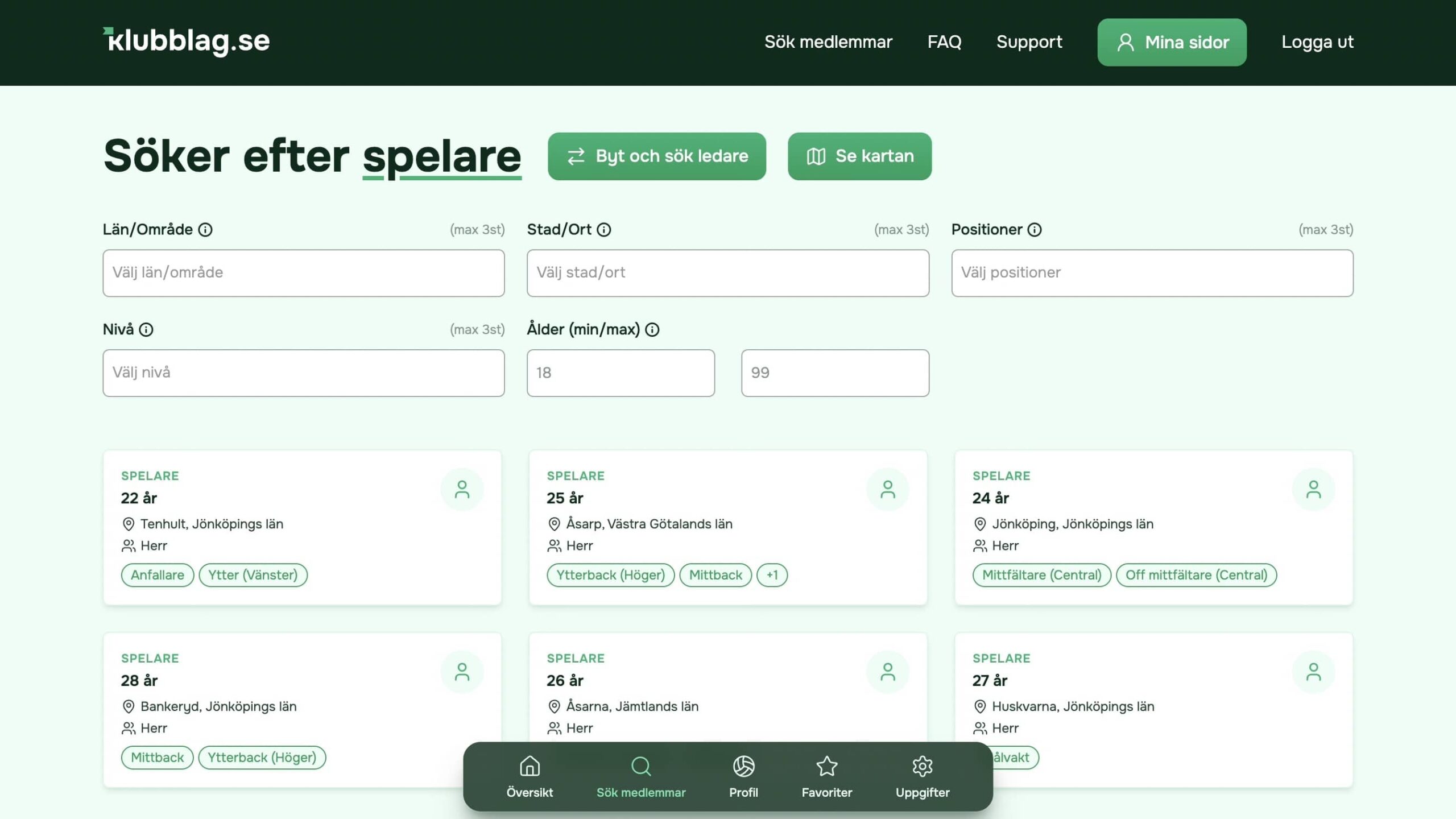 Sökvy på Klubblag.se där klubbar filtrerar spelare efter ort och position